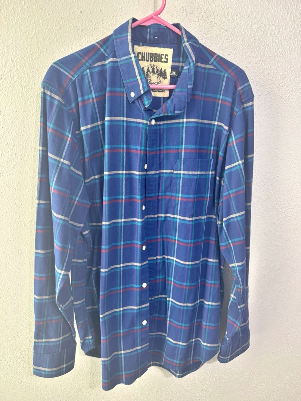 Chubbies Men's Blue Plaid Button-Down Shirt with Red and White Accents large